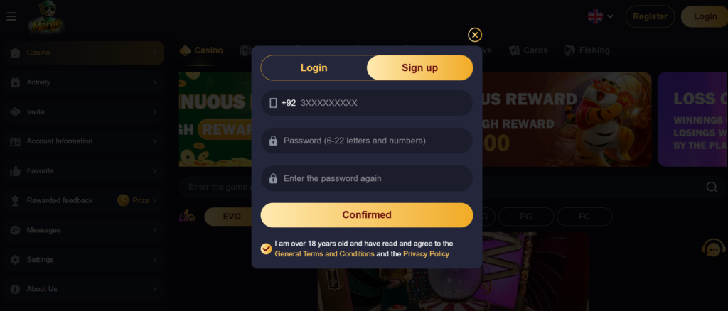Margo Bet Game Registration screenshot